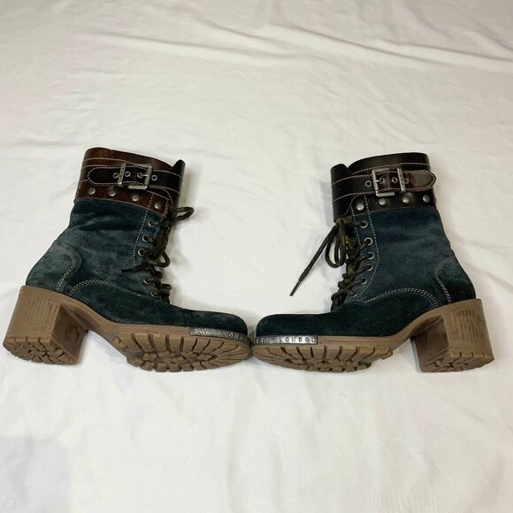 Fly London Sz 6.5 Yip Black Suede Leather Buckle Lace Up Block Heel Ankle Boots - Picture 15 of 15